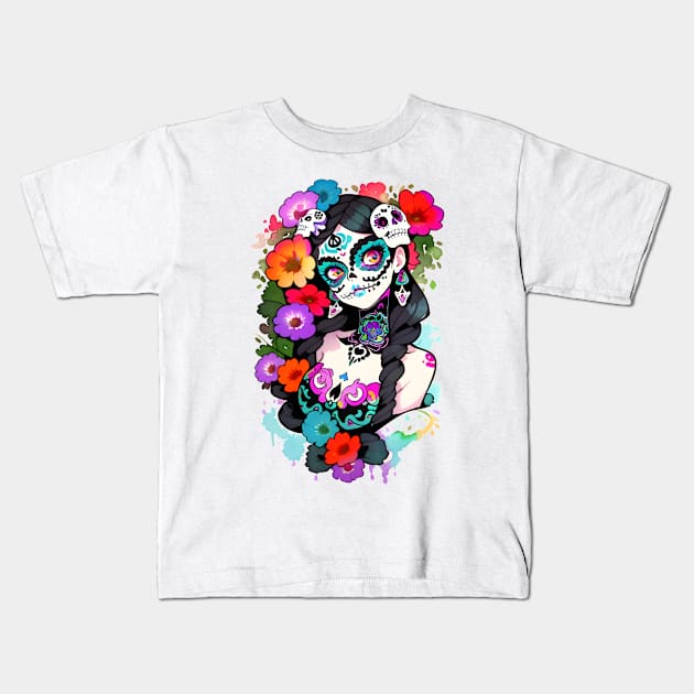 Beautiful Girl with Sugar Skull Makeup - Mexican, Halloween, Tattoo, Calavera, Day of the Dead, Gift idea, Birthday gifts, Christmas gifts, Kids T-Shirt by Fanboy04